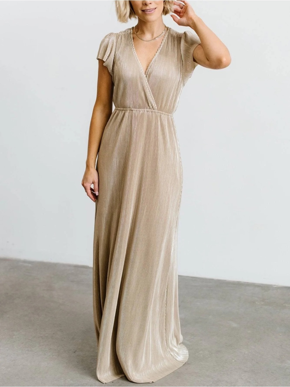 BALTIC BORN Athena Pleated Metallic Satin Maxi Dress SMALL